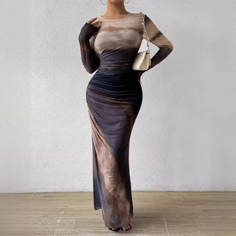 Mesh Long Dress for Women Elegant O-Neck Long Sleeved - Image 3