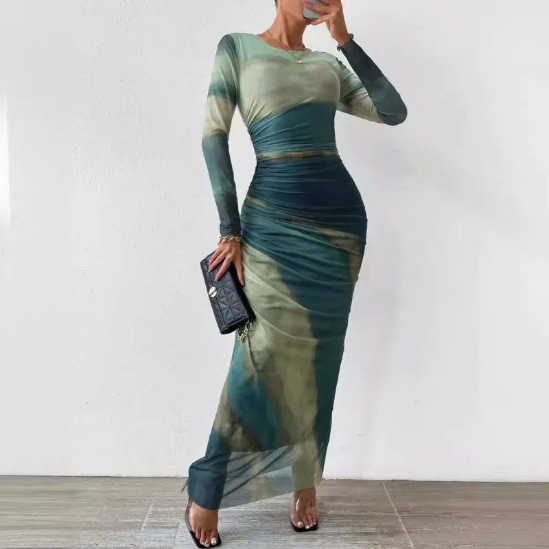 Mesh Long Dress for Women Elegant O-Neck Long Sleeved - Image 6