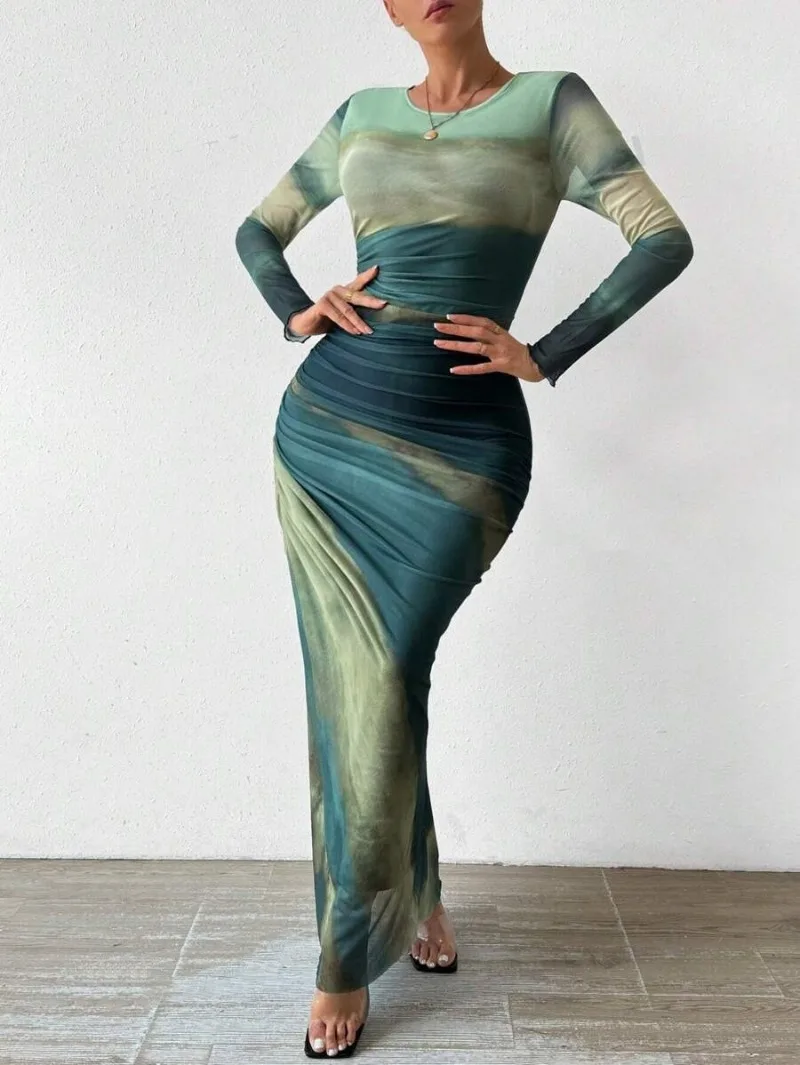 Mesh Long Dress for Women Elegant O-Neck Long Sleeved - Image 5