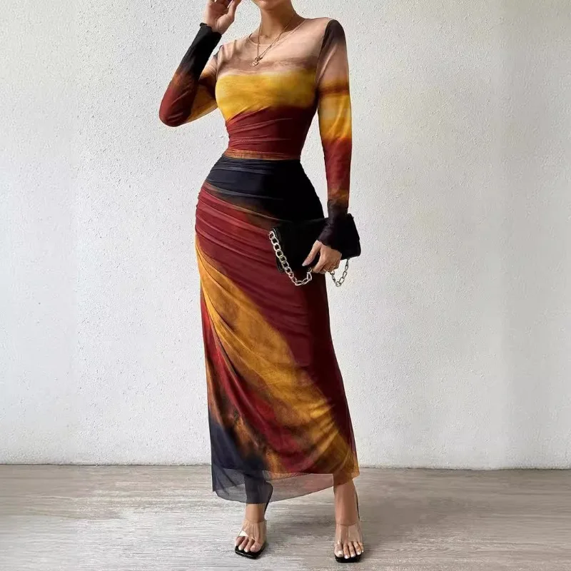 Mesh Long Dress for Women Elegant O-Neck Long Sleeved - Image 2