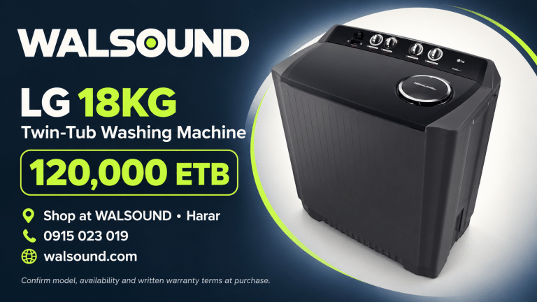 AI-assisted WALSOUND promotional banner based on the LG washing-machine reference photo: 120,000 ETB; Harar; 0915 023 019. Confirm model, stock and written warranty terms.