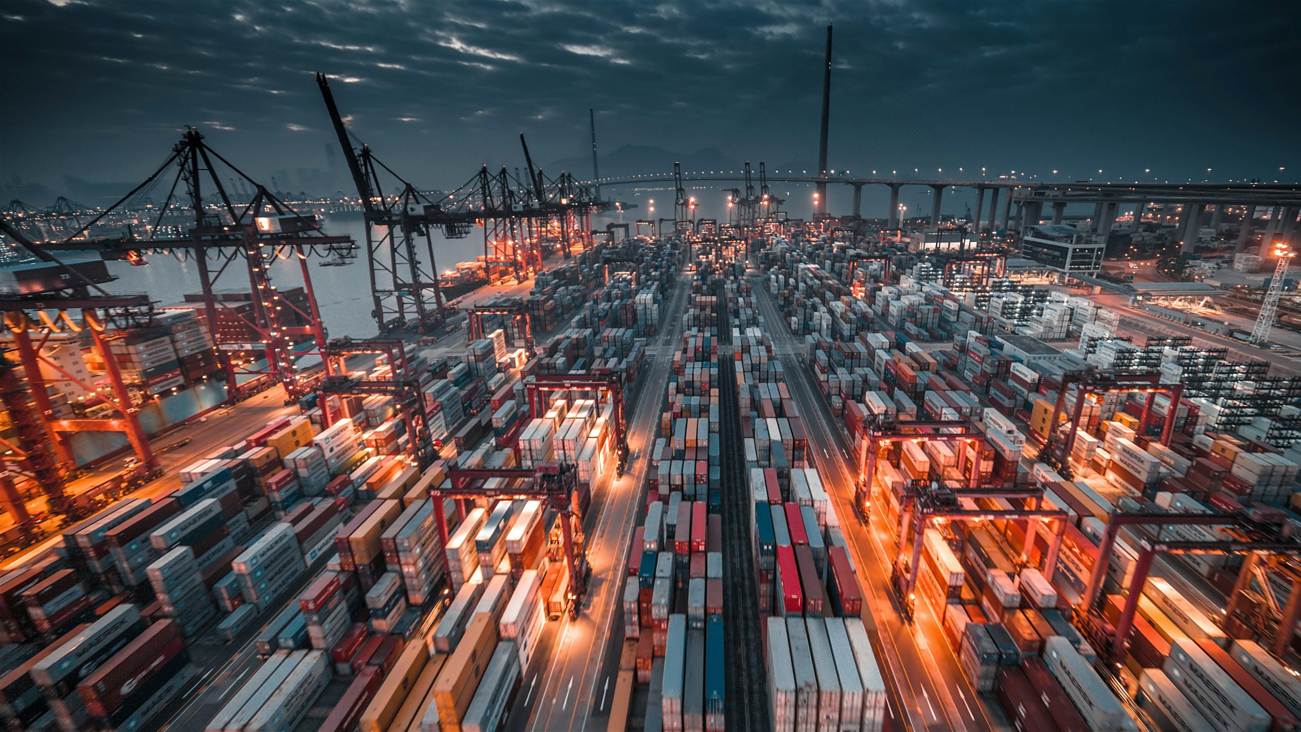 Container port illustrating international trade and freight coordination