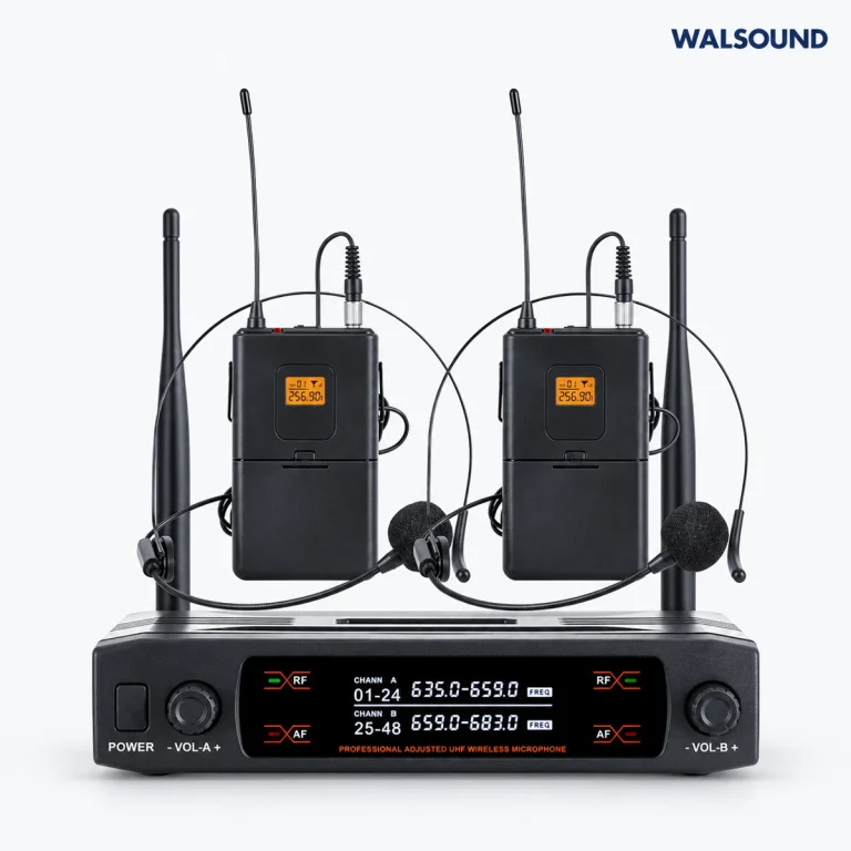 Wireless receiver, two bodypacks and headset microphones with WALSOUND wordmark